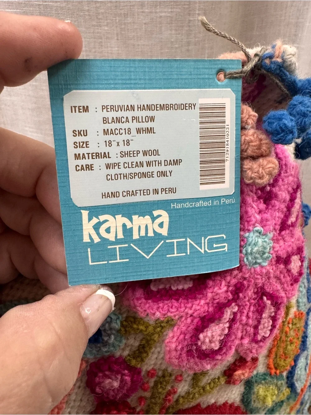 Karma Handcrafted Floral Hooked Pillow Cover in Pink, Blue and Green